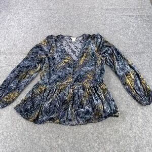 Sundance Blouse Womens Large Blue Green Velvet Peplum Burn Out Abstract Top